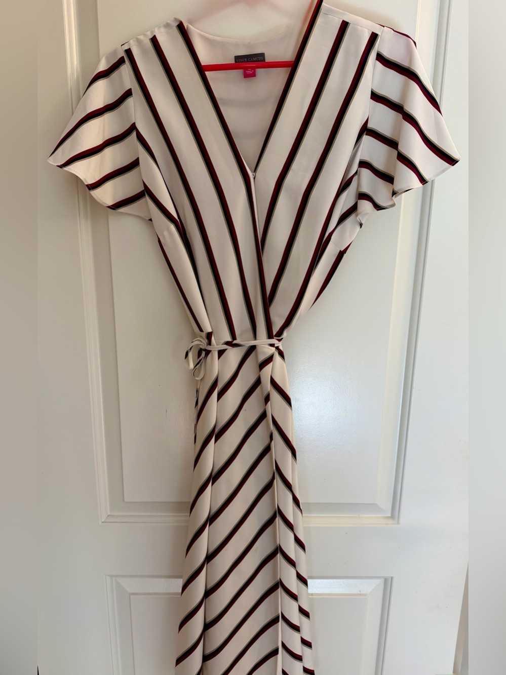 Vince Camuto Striped Flutter Sleeve Wrap Midi Dress Cream Red Navy Size Medium